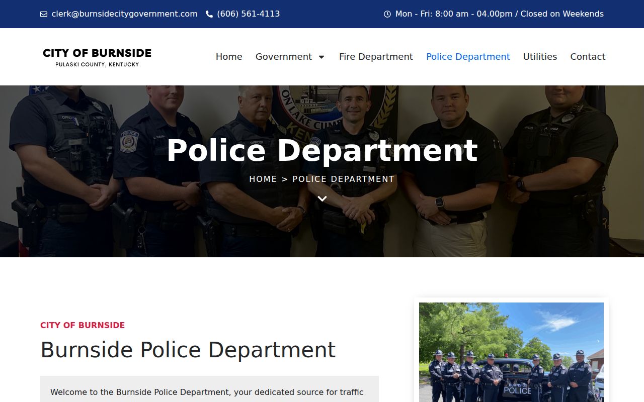 Official Burnside Police page showing police and open-records contact channels